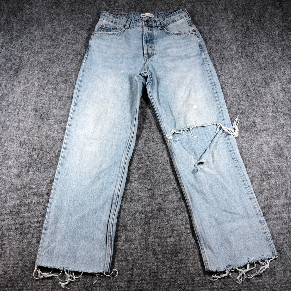 ZARA Women's US 4‎ Distressed Light Wash Straight Leg Jeans Ripped Knee
